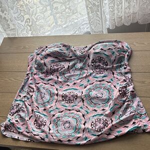 Pink and Teal Patterned Strapless Top